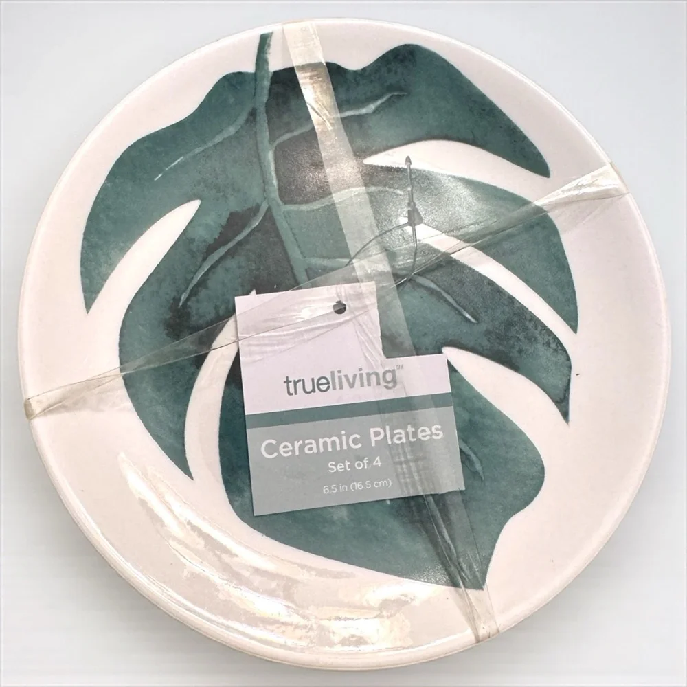 Trueliving Tropical Leaf Ceramic Plate Set 4pc Boho Palm Monstera NWT